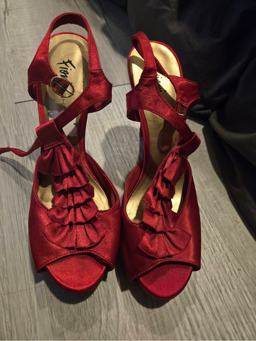 FIONI Clothing Burgundy Satin Ruffle Peep-Toe Heels